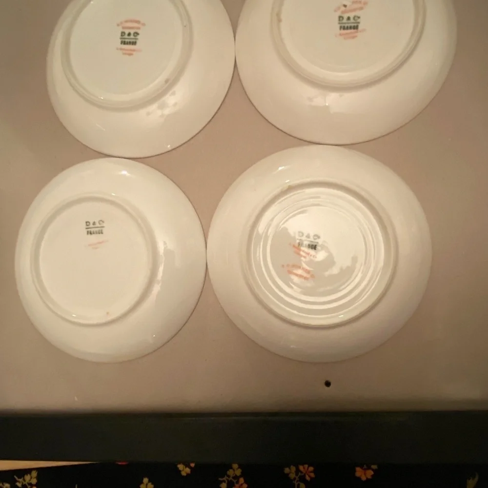 D & C Limoges Elegant Gold and Green Rimmed Porcelain Saucer Set